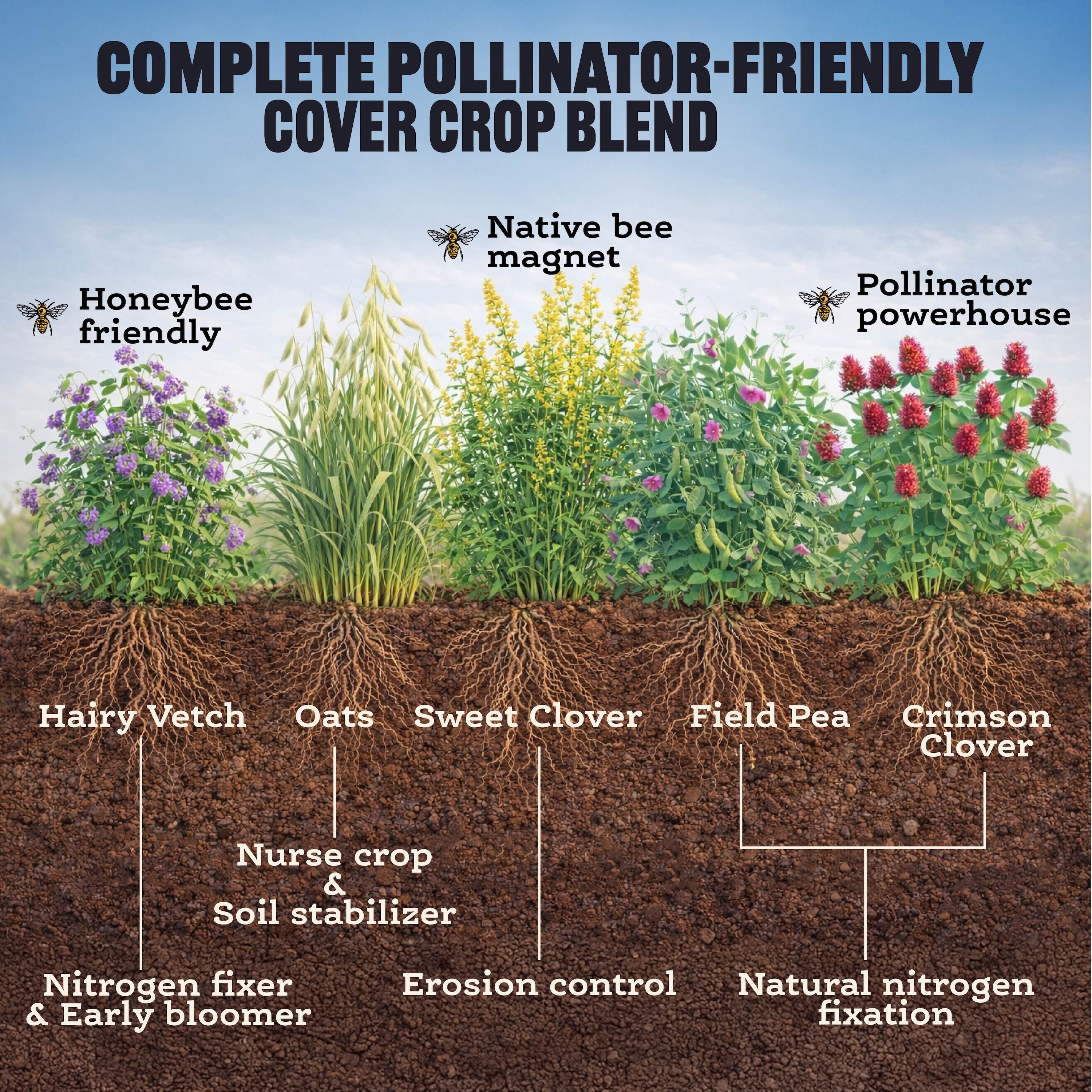 Pollinator Cover Crop Mix – 10.5 lb. - Covers 9000–12,000 sq ft (0.21–0.28 acres)