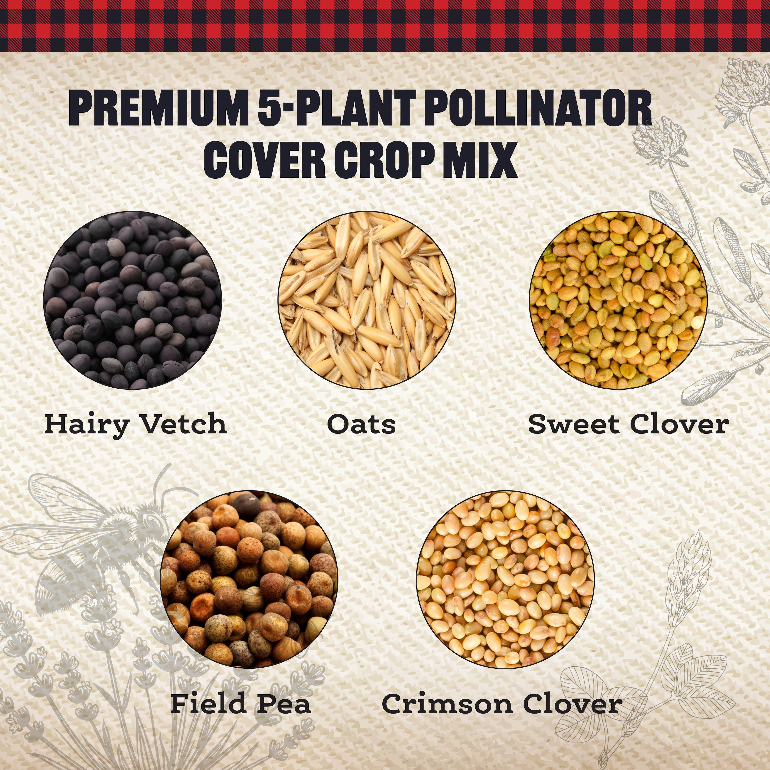 Premium 5-plant pollinator cover crop mix with labeled components on a rustic background.