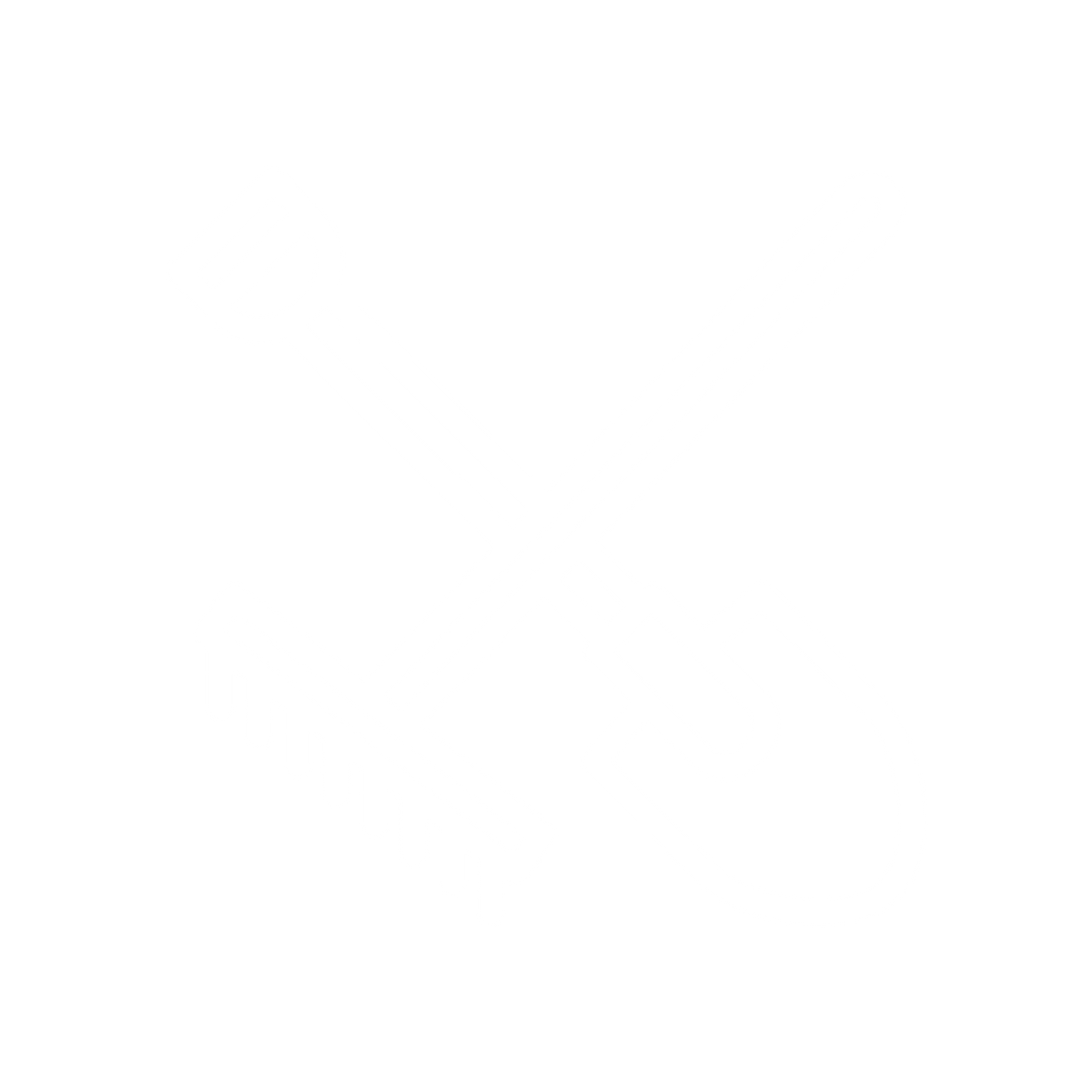 White line art icon of crossed garden tools - a rake and shovel on a transparent background