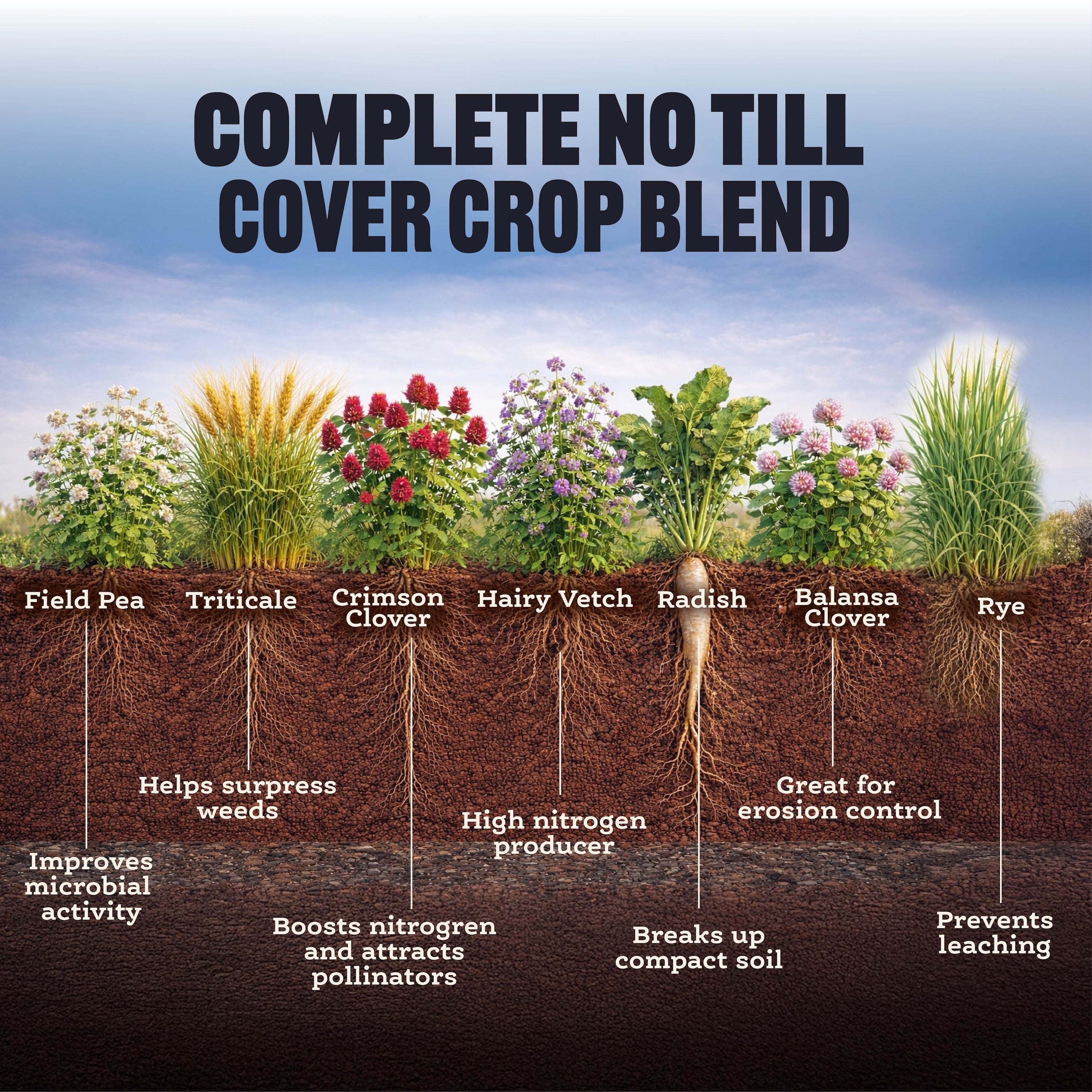 Diagram of complete no till cover crop blend showing plants with labeled components and soil benefits