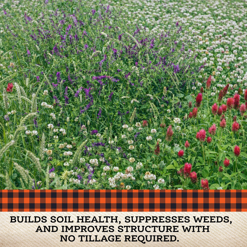 Colorful field of blooming no till cover crops with text about soil health benefits
