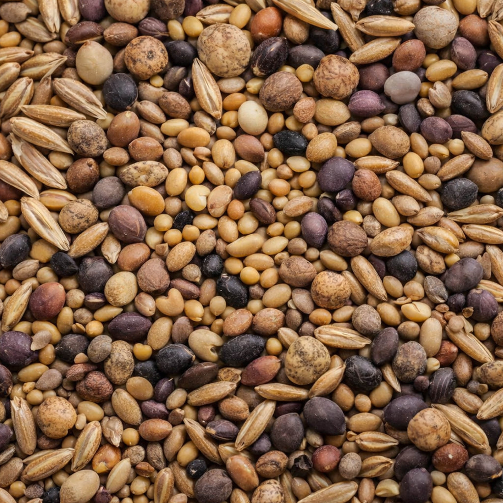 Close-up of mixed no till cover crop seeds including triticale, field pea, rye, hairy vetch, and clover