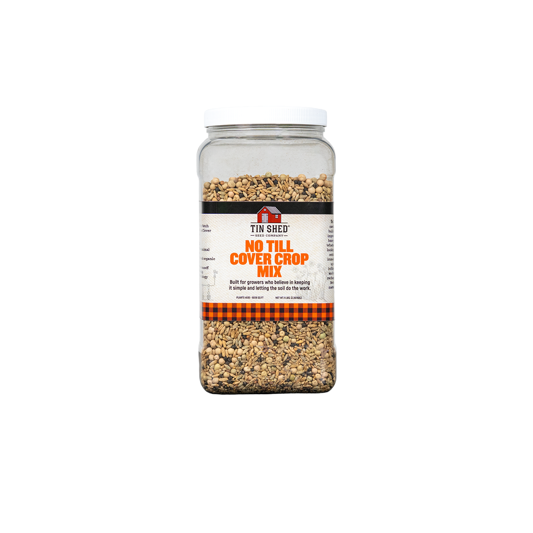 Jar of Tin Shed No Till Cover Crop Mix on a white background