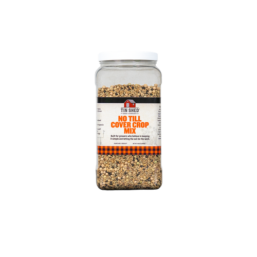 Jar of Tin Shed No Till Cover Crop Mix on a white background