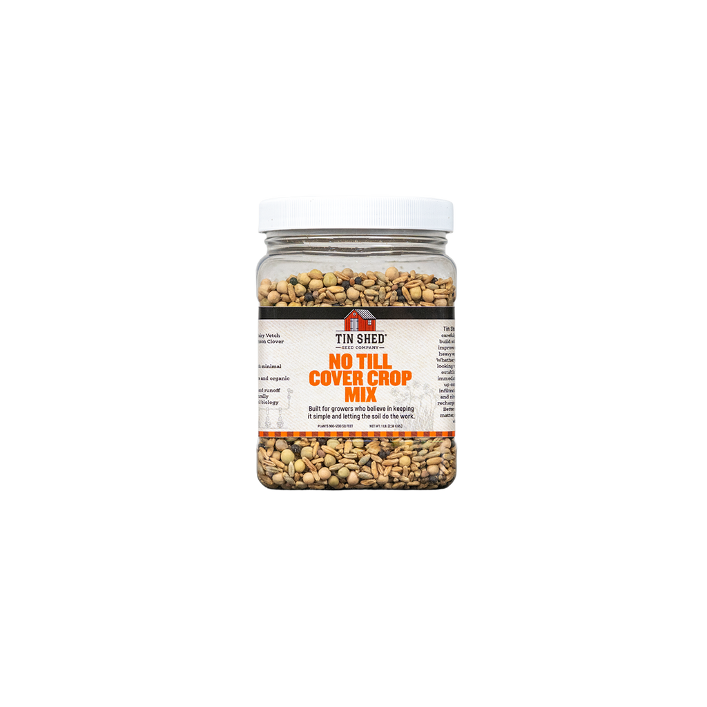 Jar of no till cover crop mix on a white background