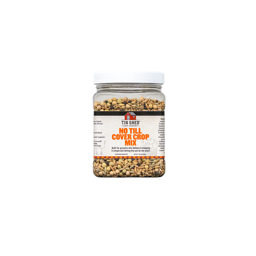 Jar of no till cover crop mix on a white background
