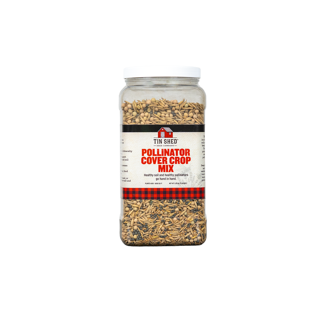 Jar of Pollinator Cover Crop Mix with Tin Shed label on a white background