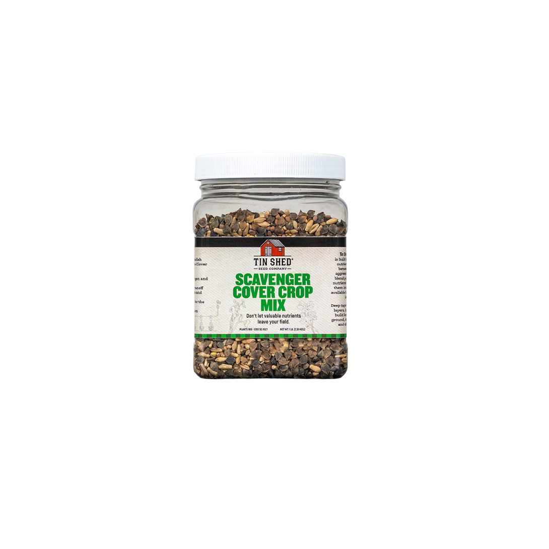 Jar of Tin Shed Scavenger Cover Crop Mix on a white background