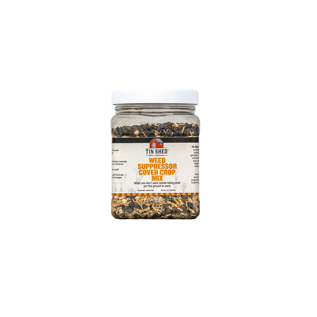 Jar of Tin Shed Weed Suppressor Cover Crop Mix on a white background