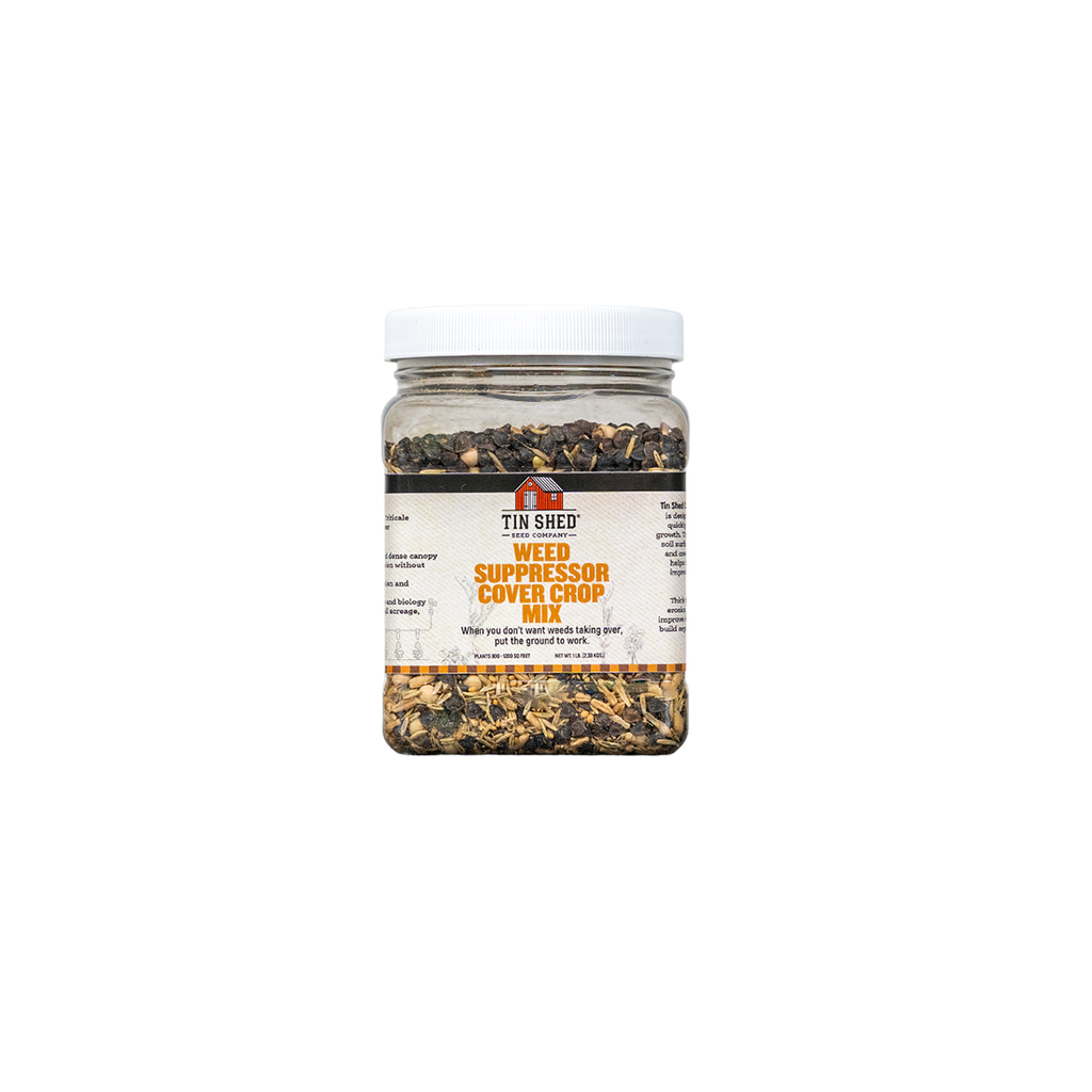 Jar of Tin Shed Weed Suppressor Cover Crop Mix on a white background